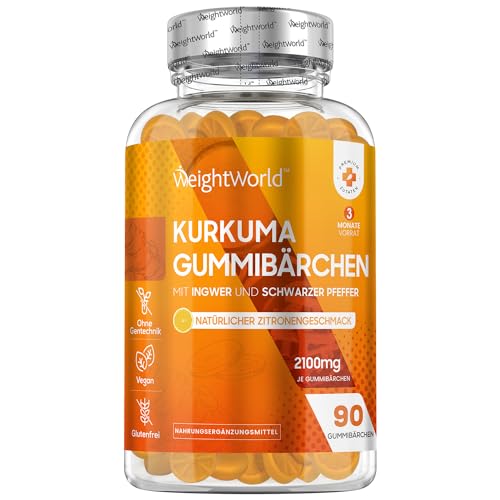 Curcuma Extrakt Gummibärchen - 2100mg - 95% Curcuminoide - 3 Monate Vorrat - Ayurveda Gewürze - 90 Gummies - Alternativ zu Kurkuma Kapseln & Pulver - Ingwerpulver & Schwarzer Pfeffer - WeightWorld