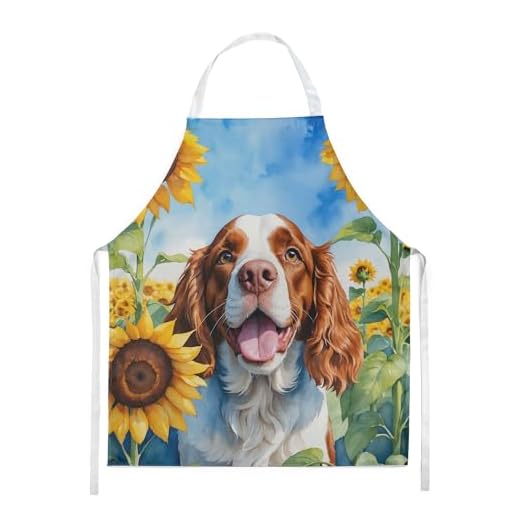 Caroline's Treasures Welsh Springer Spaniel in Sunflowers Apron Cooking Kitchen Server Baking Crafts Gardening for Adult Women Men, Unisex, Large, Multicolor