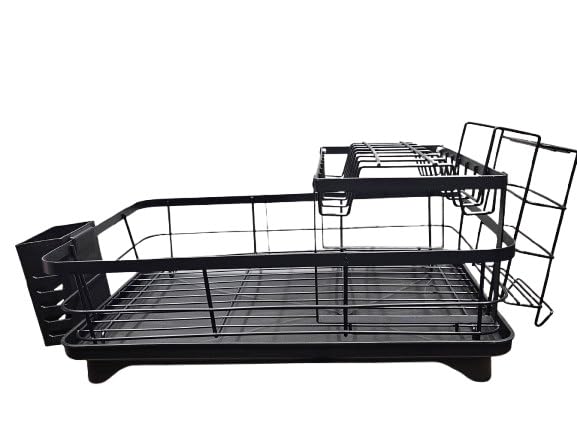 Escurridor de platos de 2 niveles de gran capacidad, multifuncional, a prueba de óxido, para encimera de cocina con boquilla a prueba de fugas, estante para tabla de cortar, soporte grande para