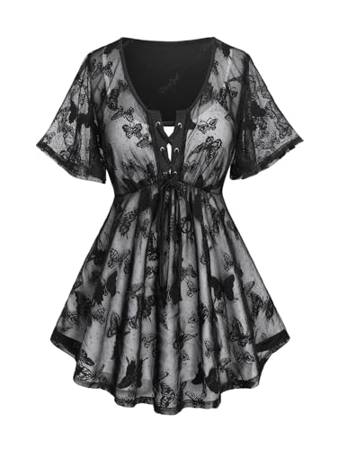 Rosegal Plus Size Womens V Neck Butterfly Lace Overlay Lace-up 2 in 1 Blouse Short Flutter Sleeve Flowy Top