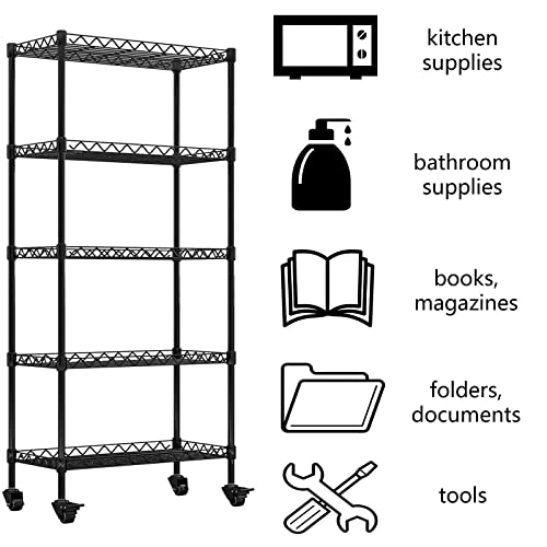 Suoernuo 5-Shelf Shelving Storage Unit On Wheel Casters Metal Organizer Wire Rack For Home Office Kitchen Bathroom Organization Black(30Lx14Wx62.5H) (5-Shelf Black) #TOP6