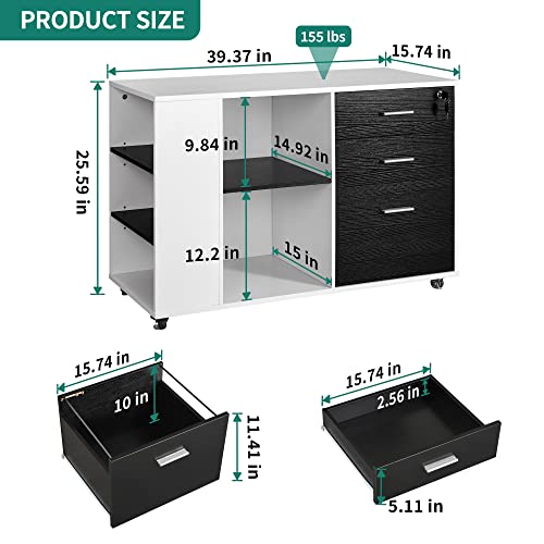 Yitahome Mobile Wood File Cabinet With Lock, 3 Drawer Lateral Filing Cabinet With Open Side Storage Shelves, Printer Stand Storage Cabinet Fits Letter, A4 Size For Home Office, Black & White #TOP2
