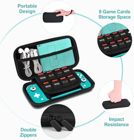innoAura Switch Lite Case 12-in-1 Accessories Bundle for NS Switch Lite (2019), with Protective Carrying Case, Hand Strap, Screen Protector & Cute Thumb Grips, Black - 4