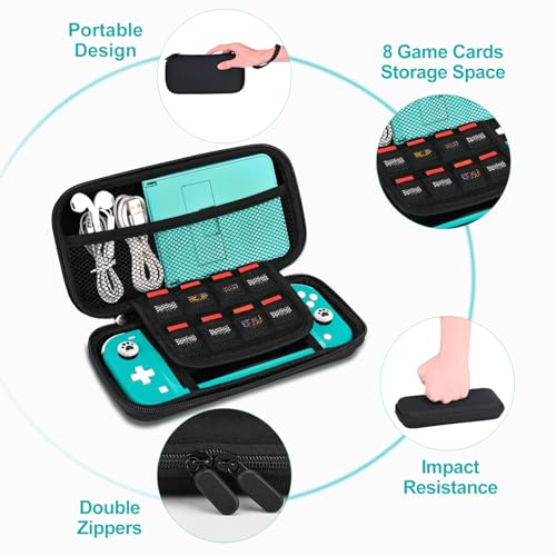 Image of innoAura Switch Lite Case 12-in-1 Accessories Bundle for NS Switch Lite (2019), with Protective Carrying Case, Hand Strap, Screen Protector & Cute Thumb Grips, Black