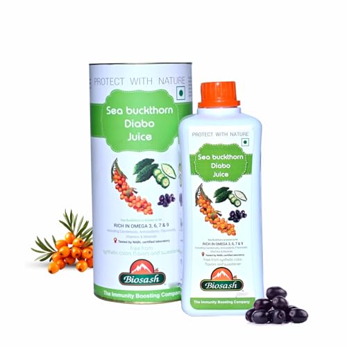 Image of Biosash Sea Buckthorn DIABO Juice 750ml | From Certified Organic Berries, Cold-Pressed | Rich in Omega 3 6 7 9, Vitamins & Antioxidants | Herbal extracts for Sugar control | No Added | 150 Serves