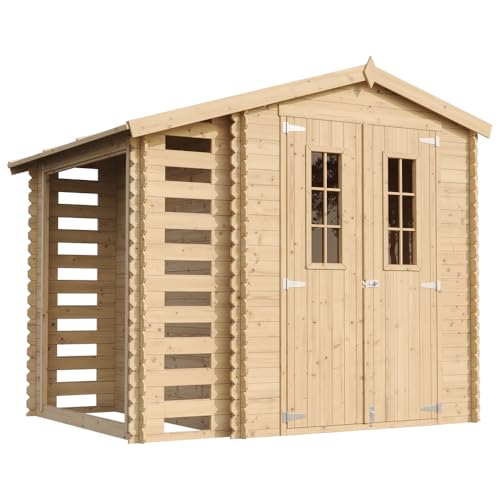 M386C Blockbohlen Gartenhaus aus Holz + Kaminholz-Unterstand- 3,53+0,97 m²