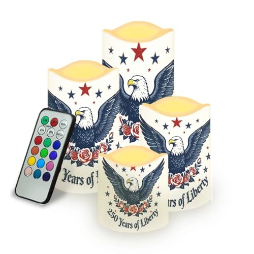 Image of American Flag Flameless Candles 250th Anniversary Bald Eagle LED Battery Operated Remote Control Fourth of July Flickering Patriotic Decor for Independence Day Home Outdoor, 4 Pack