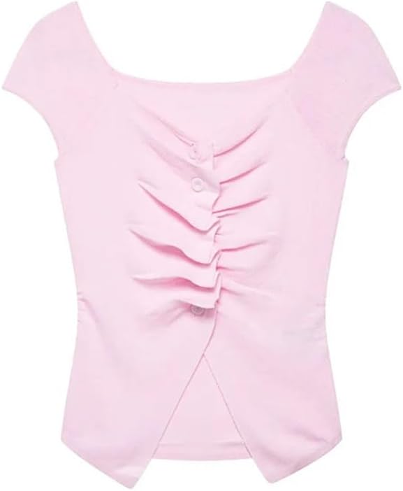 Women's Pleated Single Breasted Knit V-Neck Short Sleeve Top