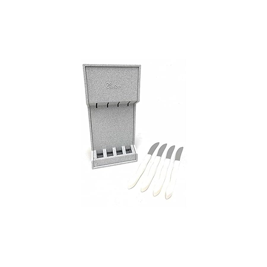 CUTCO-Model-1864-set-of-four-White-Pearl-1759-Table-Knives-plus-1745-trayKnives-have-34-Double-D-serrated-edge-blades-and-5-handlesKnives-are-in-factory-sealed-plastic-bags CUTCO Model 1864 Set of Four White (Pearl) #1759 Table Knives Plus #1745 Tray.Knives Have 3.4" Double-D® Serrated Edge Blades and 5" Handles.Knives are in Factory Sealed Plastic Bags.