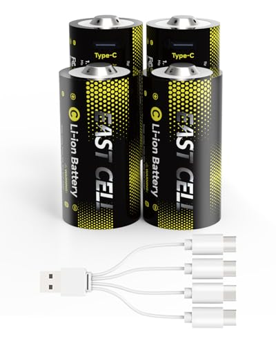 Rechargeable Lithium C Batteries with 4 in 1 USB-C Charge Cable 4 Pack C Cell Li-ion Battries LR14 1.5V C Size Cell Battery Replacement 3700mWh for Floodlight Toys (3700mWh C Batteries 4 Pack)