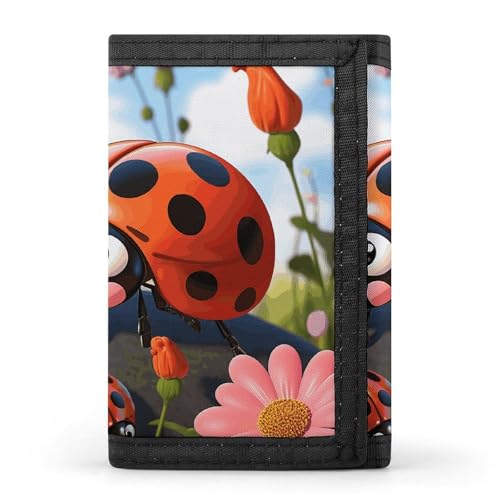 Cartoon Ladybug Flower Trifold Wallet for Men - Money Clip Slim Wallets with Multiple Card Slots Minimalist Small Front Pocket Wallet for Everyday Carry