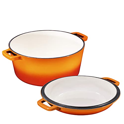 Bruntmor 2-In-1, 5 Quart Enamel Cast Iron Dutch Oven With Handles, 5 Qt Pumpkin Orange Cast Iron Skillet, Enamel All-In-One Cookware Braising Pan For Casserole Dish, Crock Pot Covered With Cast Iron #TOP1