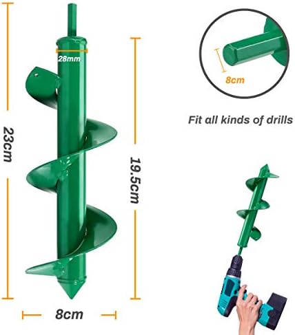 Powcan Garden Drill Bit Garden Auger Drill Bits 8x25cm Gardening Planter Tool Hand Soil Cultivator Plant Flower Bulb Post or Umbrella Drill Hole Digger for 3/8" Hex Drive Drill (Green)