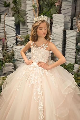 Flower Girl Dresses Lace Applique A-Line Long Tulle Pageant First Communion Ball Gowns with Removable Ruffles4