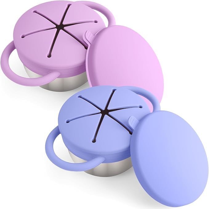 Snack Containers for Toddlers, 3-in-1 Stainless Steel Toddler Snack Cups with Removable Silicone Food Catcher & Travel Lids, No-Spill Snack Container for Baby Self-feeding (Pink Green, Pack of 2)
