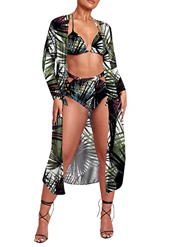 Viottiset Women's Printed 3 Pieces High Waist Bikini Maxi Swimsuit Cover up3