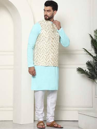Image of SOJANYA (Since 1958 Men's Cotton Linen Maroon Kurta and White Pyjama with Mustard Cotton Nehru Jacket