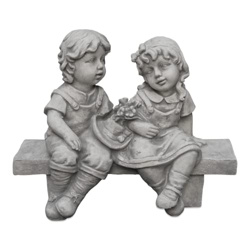 gartendekoparadies.de Kinder Figuren auf der Bank, Steinfigur H. 32 cm, 11 kg, Grau, frostsicher aus Steinguss für Außenbereich