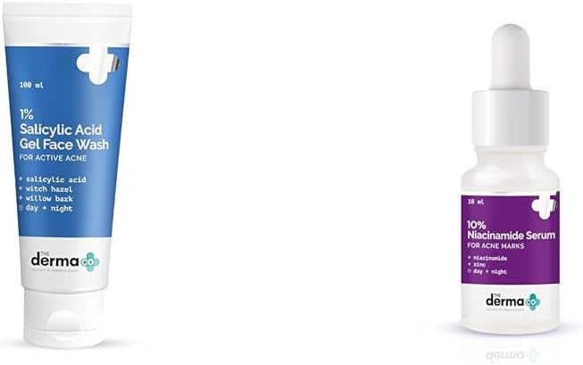 The Derma Co 1% Salicylic Acid Gel Face Wash With Salicylic Acid & Witch Hazel For Active Acne &The Derma Co 10% Niacinamide Face Serum For Acne Marks & Acne Prone Skin For Unisex, 10ml