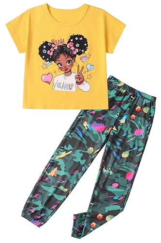 Image of mksodop Girls Outfit Set Graphic T Shirt and Camo Jogger Pants Cute Casual Clothes for Girls 5-16 Years