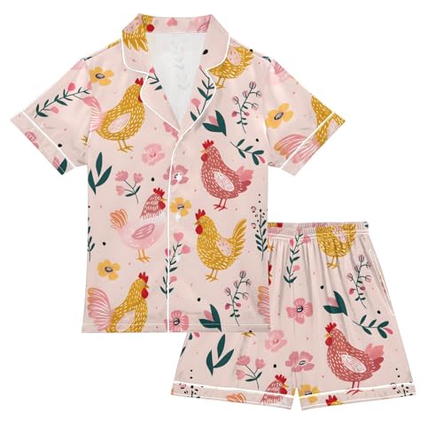 ALAZA Chicken Flower Floral Satin Pajamas Set Short Sleeve Button Down Sleepwear Summer Pjs 2 Piece