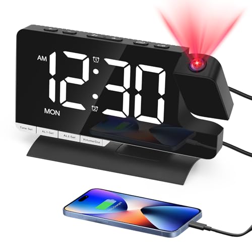 Venchin Réveil Projection Plafond: Horloge Numérique LED avec Recharge USB Réveil Numérique avec Surface Miroir et Fonction Snooze, Rotation à 180° et...