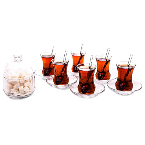 19-teiliges traditionelles türkisches Tee-Set beinhaltet: 6 Gläser Teetassen (127 ml), 6 Sucers (Ø: 4,3), 6 Edelstahl-Löffel und Zuckerdose mit Glasabdeckung (244 ml) Cover