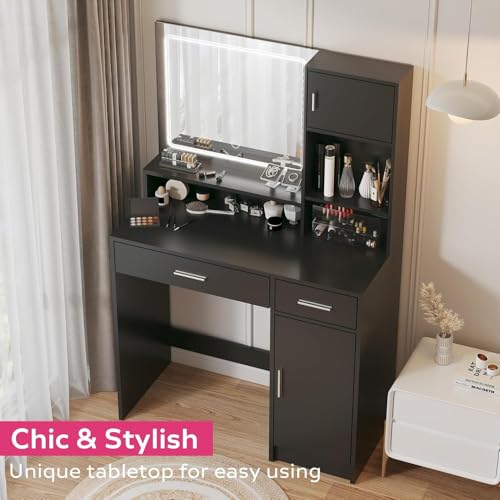 Image of Palimder Vanity Desk with Mirror & Light, Large Drawer Three Level Storage Dresser, 3 Lighting Modes Adjustable Brightness, Bedroom Dressing Table