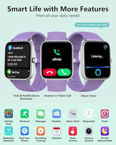 Image of Quican Smart Watches for Women, Compatible for iPhone and Android Phones | 1.8 inch Fitness Tracker Watch, Waterproof, Calling, Heart Rate /Sleep Monitor, Alexa, Gifts for Women, Silicone Band, Purple