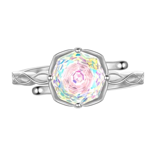 Birthstone Rose Ring - 925 Sterling Silver Rose Cut Cubic Zirconia Flower Adjustable Ring Anniversary Engagement Promise Ring Birthday Jewelry Gift for Women Wife Mom Daughter