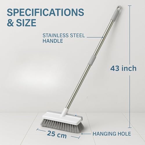 Image of Bathroom Cleaning Brush with Wiper, BUYERZONE Floor and Tiles Cleaner Brush, Bathroom Cleaning Accessories, Cleaning Brush with Long Handle, Versatile Washroom Brush Cleaner;,