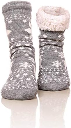 FRALOSHA Fuzzy Warm Slipper Socks Women Winter floor Socks Super Soft lined with Grippers reading Socks Cozy Sleeping Reindeer Socks (Grey)