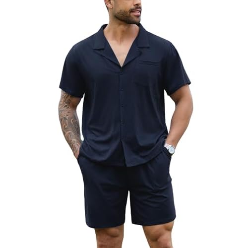 Marvmys Men Pajama Set Cotton Sleepwear Short Sleeve Button Down Pajamas Loungewear 2 Piece Pj Set with Pockets S-2XL Medium Navy Blue