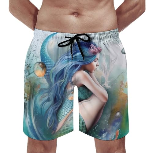 Mens Shorts Mermaid Men Swim Trunks Quick-Dry Beach Shorts with Drawstring Pocket Bathing Suit