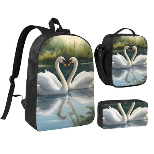 Beautiful White Swans on The Lake print Backpack Bookbag for Daily Use,3 Pcs Backpack Set with Lunch Box and Pencil Case