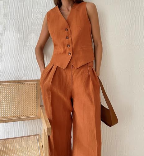 Business Casual Outfits for Women Linen Matching Set Vest and Pants Set Jumpsuits V Neck Blazer Sets Women 2 Piece Outfit4