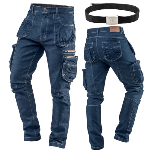 NEO TOOLS Denim Arbeitshose Herren mit Gürtel - Strapazierfähige & Universelle Arbeitshose Multi Taschen - Jeans Arbeitshose Herren Stretch Gr. 52