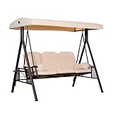 Outdoor Bench Swing Terrace 3 Person Steel Canopy Upholstered Seat Including Side Tray And Upholstered Comfort - Beige