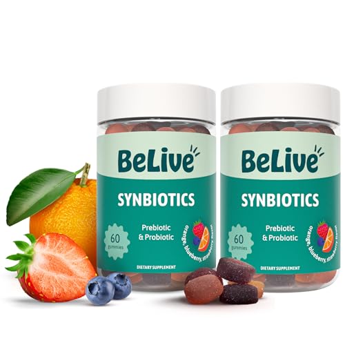 BeLive Synbiotics - Probiotic & Prebiotic Fiber Gummies – High Strength Inulin (3g), Dietary Fiber Supplement, Digestive Support for Kids & Adults - Strawberry, Orange, Blueberry Flavor | 2-Pack