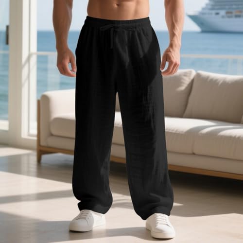 Linen Pants for Men Fashion Straight Leg Elastic Waist Casual Pants Relaxed Fit Breathable Trouser Pant with Pockets 5