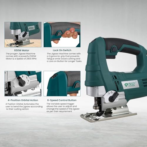 Image of Progen 9465-HG Professional 650W Jigsaw Machine | Variable Speed 2800 RPM | Precision Wood, Metal & Plastic Cutting Tool with Ergonomic Design - 6 Months Warranty