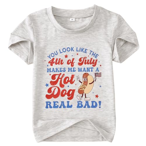 4th of July Shirts for Toddler Boys Funny Hot Dog T Shirt American Flag Tees Tops USA Patriotic Independence Day Clothes(Gray,5-6T)