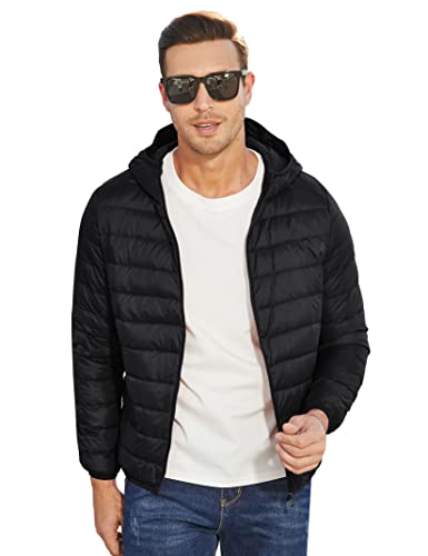 KOJOOIN Doudoune pour homme Poche extérieure Poche intérieure Doudoune fine Doudoune avec capuche Doudoune légère Doudoune d'hiver (emballage utilisable), Noir , XL Cover