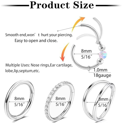 Uni-J 4PCS Nose Ring Hoop for Women Men Hinged Double Nose Hoop CZ Opal Clicker Septum Ring 18G Surgical Steel Cartilage Conch Tragus Rook Daith Piercing Jewelry Gold Silver 7/8/9/10MM2