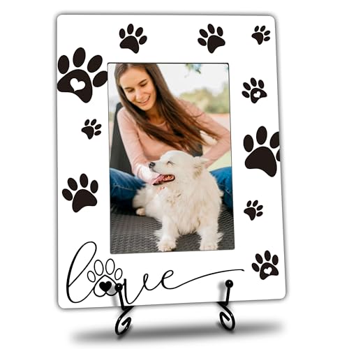 VZVCTFS Dog Lover Photo Frame with Metal Stand - 4x6 Inch Wood Frame with Paw Print - Gift for Dog Owners Pet Memorial Decor Home Display (A04)