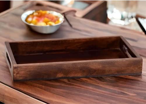 Image of Wooden Rectangular Serving Tray For Decoration And Dining Table, Food, Coffee And Tea|Tray With Handle For Home & Kitchen, Dinning Table Accessories|Multipurpose Use 12 X 6 X 2 Inch