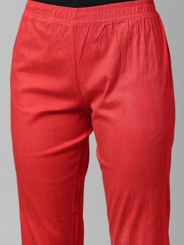 Image of MINELLI Women Solid Cigar Pants, Cotton Lycra Slub Fabric, Elasticated Waistband, Pull On Style, Regular Fit Bottom Wear for Western and Ethnic Wear