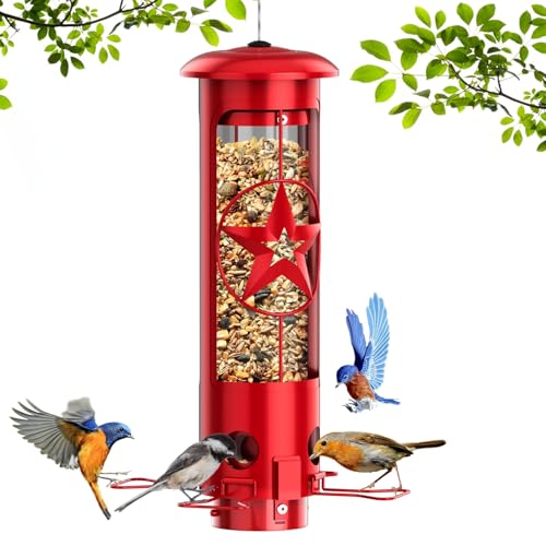 Squirrel Proof Bird Feeders for Outdoors Hanging, Metal Squirrel Proof Bird Feeder with Gravity Protection, 3LB Large Capacity Wild Bird Feeders for Outside Finch, Cardinal, Blue Jay (Red)