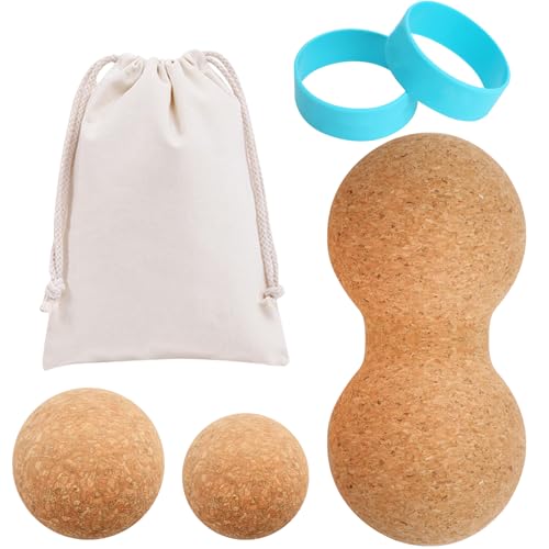 Cork Massage Ball Set - Cork Peanut Massage Ball 2.4 & 2 Massage Balls + 2 Toe Stretcher Bands with Storage Bagfor Back Foot Neck Pain Therapy Portable Tissue Muscle Release Tool for Home Office