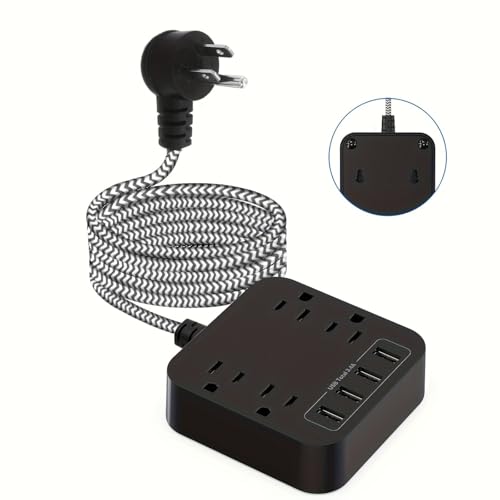 Extensión con enchufe plano, 5 pies, filtro múltiple con 4 puertos USB y 4 tomas amplias, montaje en pared, estación de carga para oficina, viaje y dormitorio miniatura 1